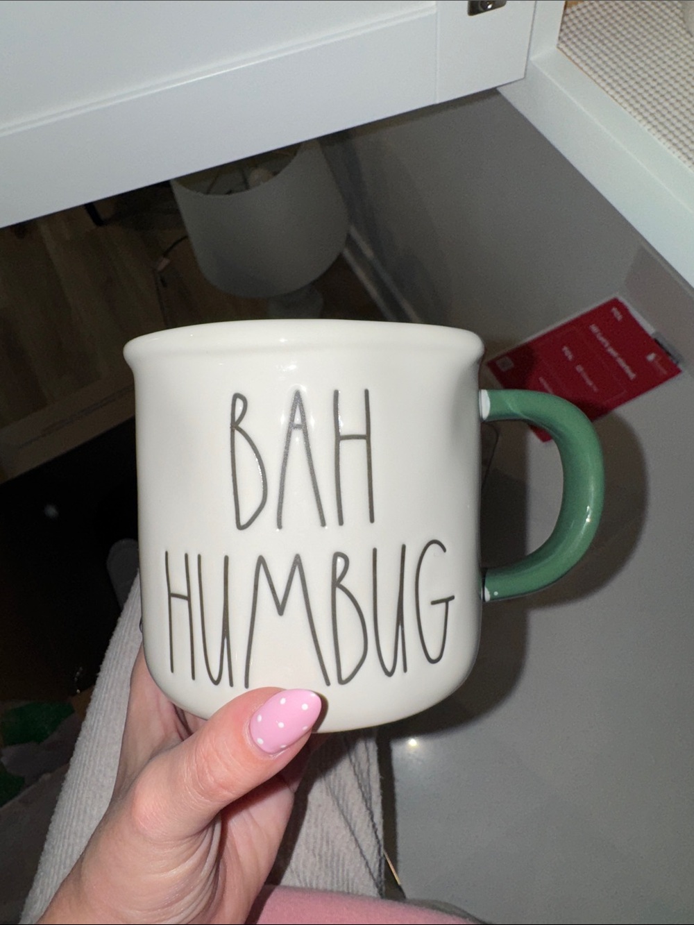 Rae Dunn White Mug with Green Handle - BAH HUMBUG